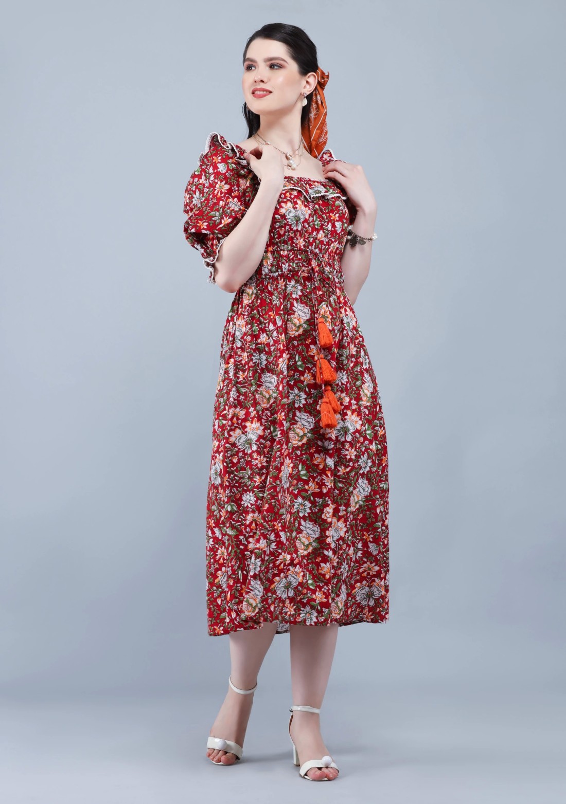 Rust Ethnic Floral Motif Print Cotton Flared Midi Dress