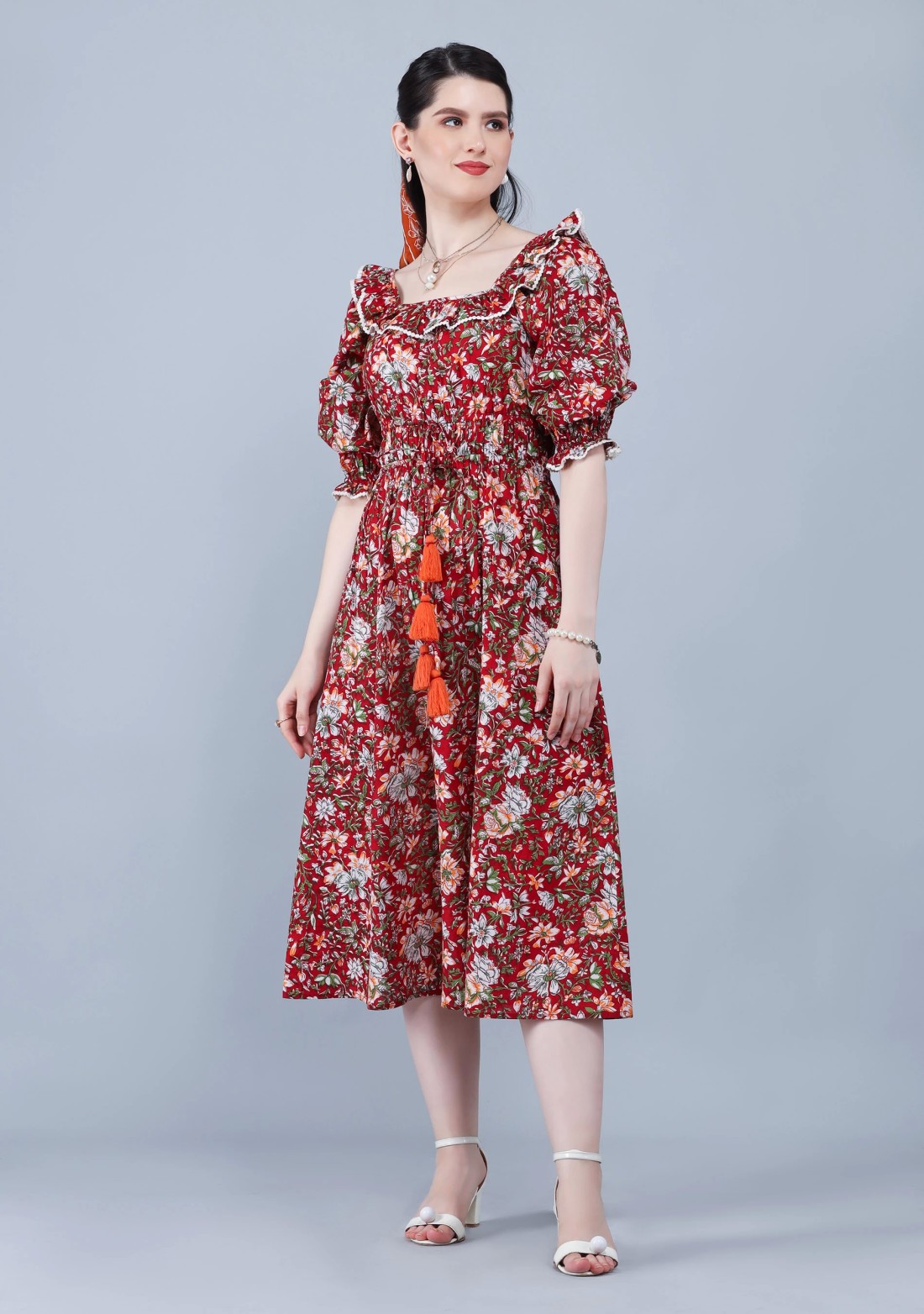 Rust Ethnic Floral Motif Print Cotton Flared Midi Dress