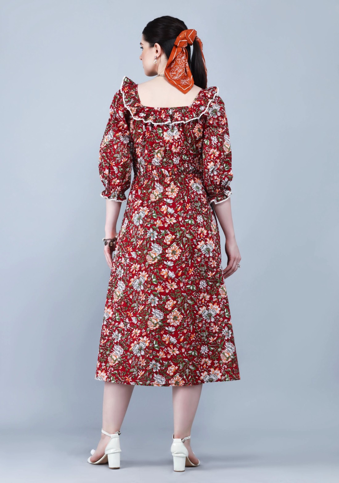 Rust Ethnic Floral Motif Print Cotton Flared Midi Dress