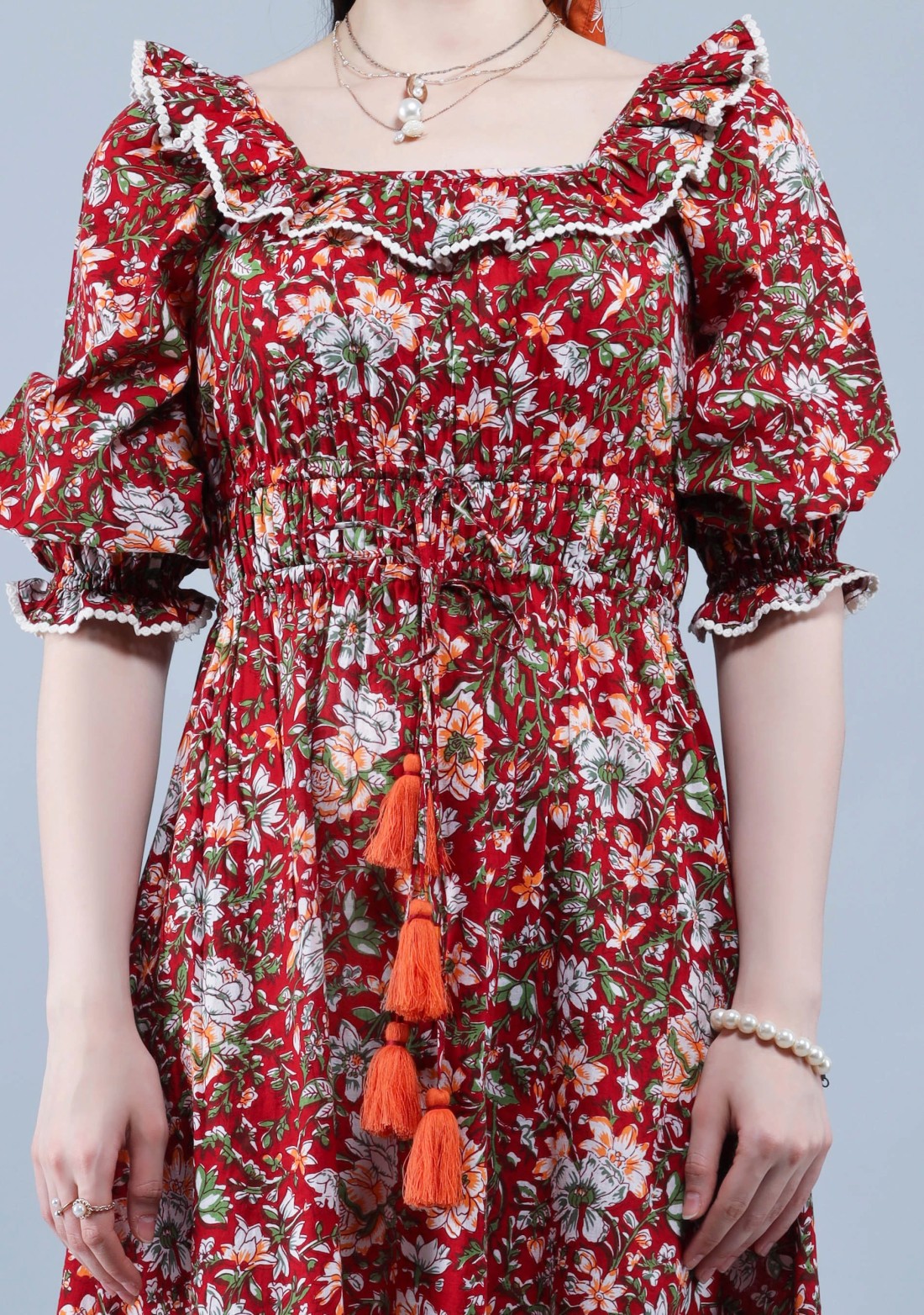 Rust Ethnic Floral Motif Print Cotton Flared Midi Dress