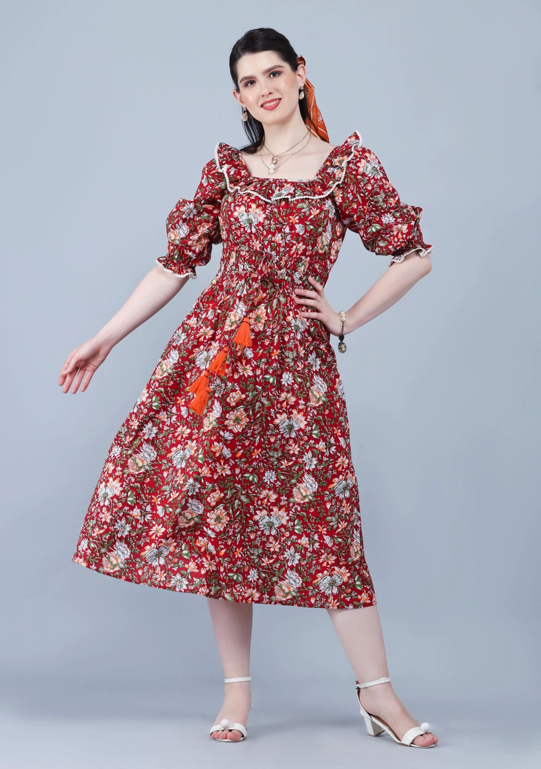 Rust Ethnic Floral Motif Print Cotton Flared Midi Dress