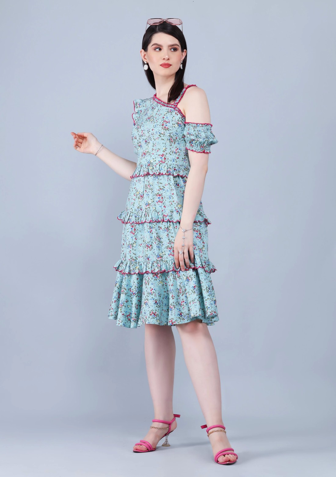 Ditsy Floral Print Rayon One Shoulder Tiered Knee-Length Dress