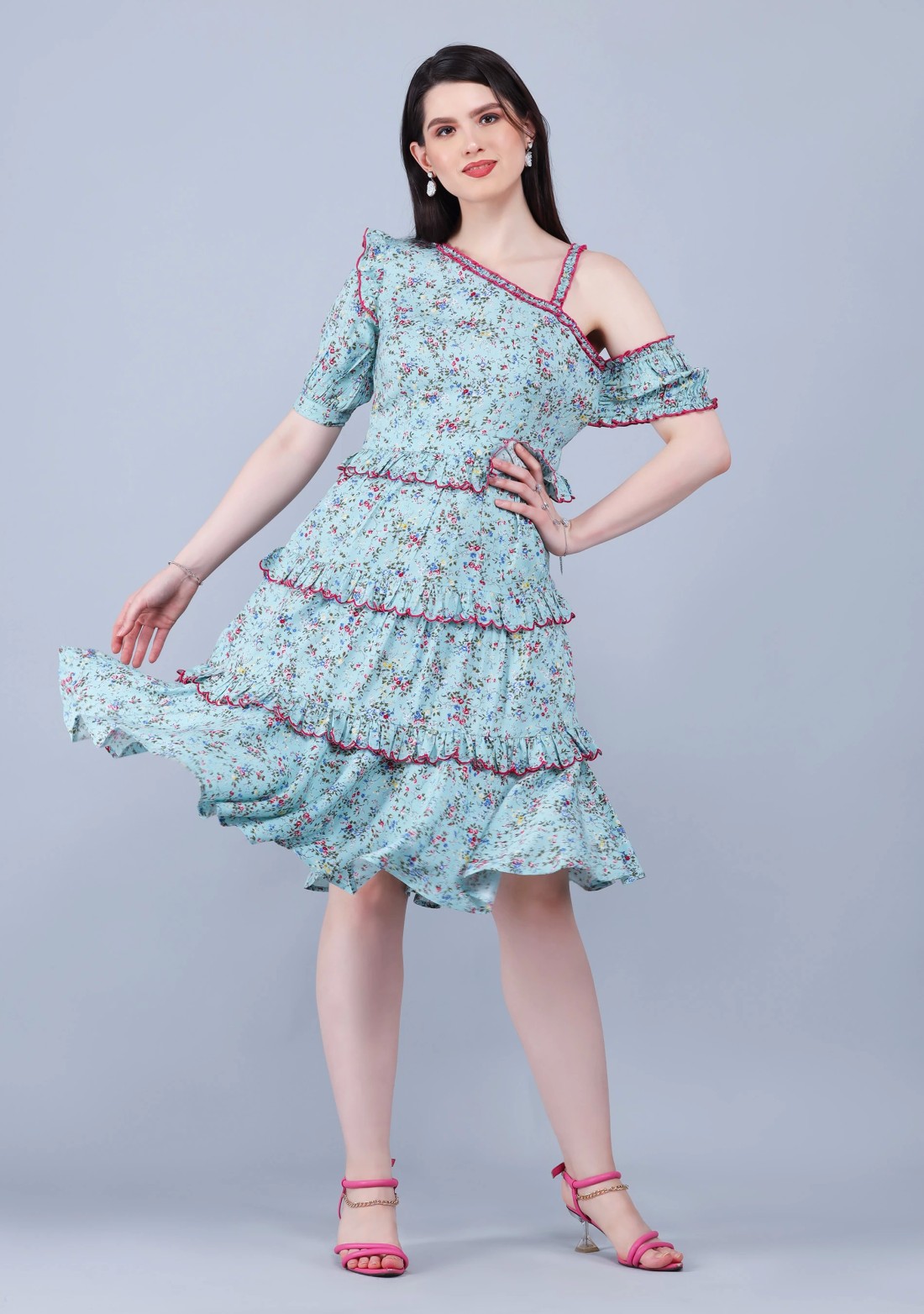 Ditsy Floral Print Rayon One Shoulder Tiered Knee-Length Dress