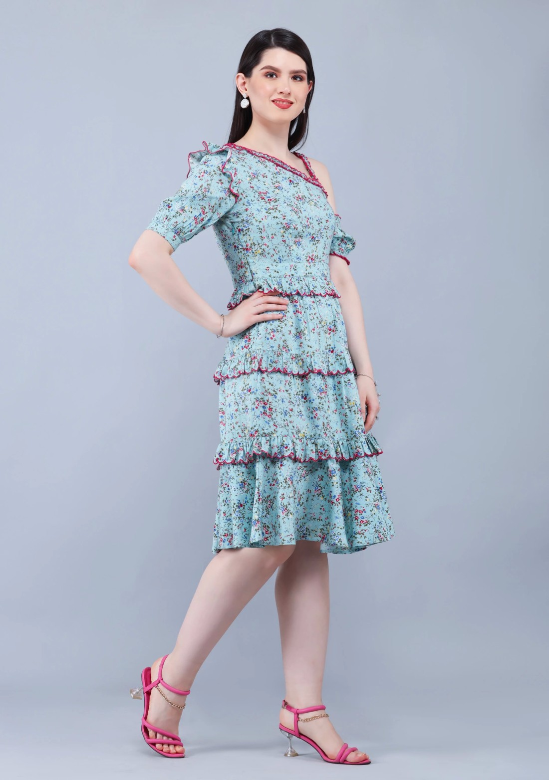 Ditsy Floral Print Rayon One Shoulder Tiered Knee-Length Dress