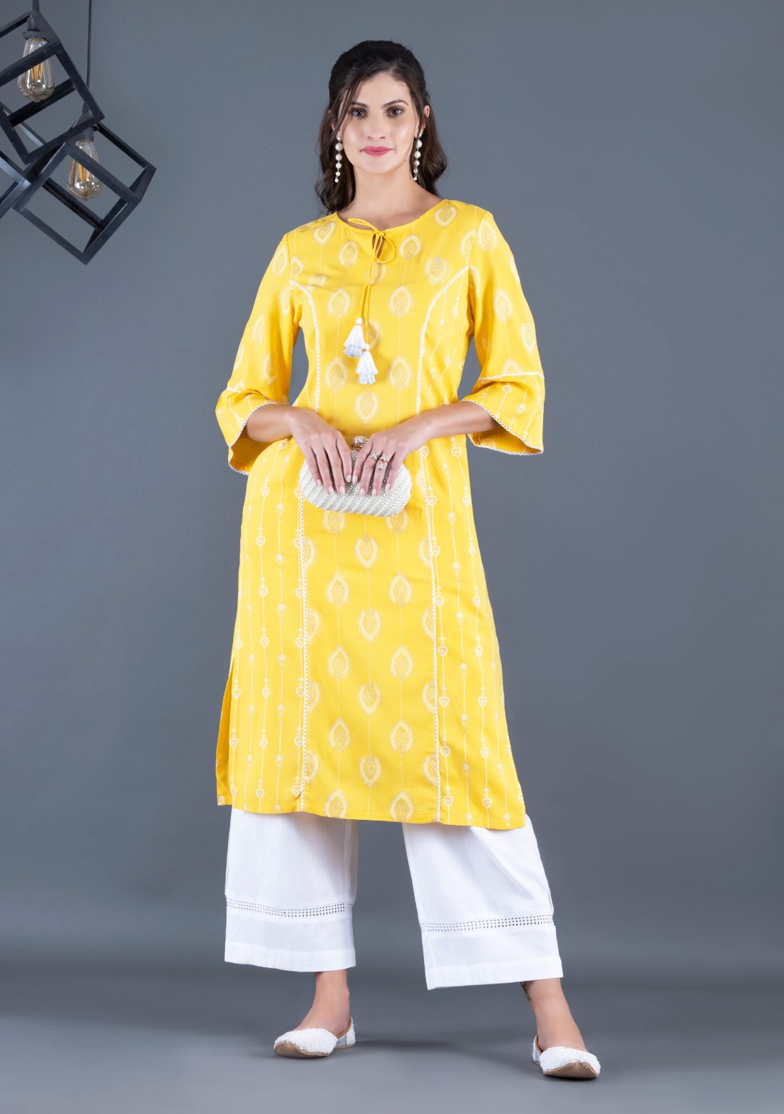 Sunshine Yellow Khari Motif Printed Viscose Rayon Panelled Straight Kurta