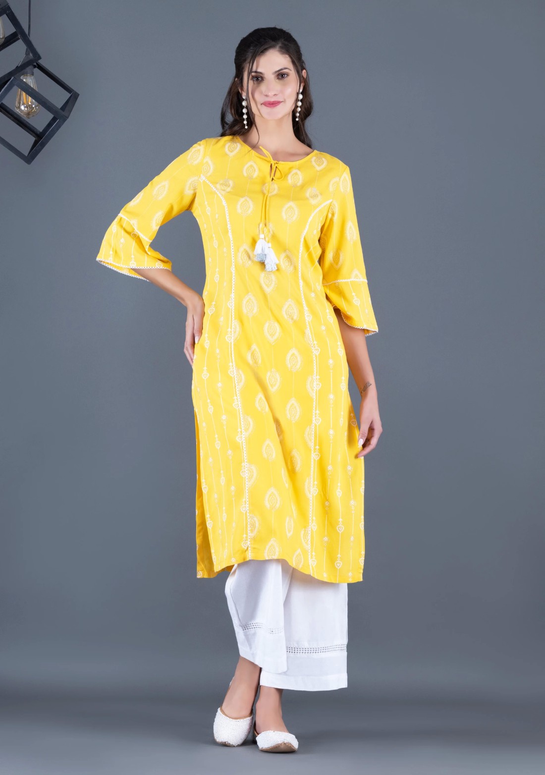 Sunshine Yellow Khari Motif Printed Viscose Rayon Panelled Straight Kurta