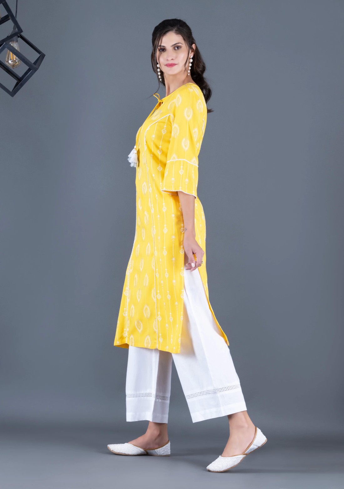 Sunshine Yellow Khari Motif Printed Viscose Rayon Panelled Straight Kurta