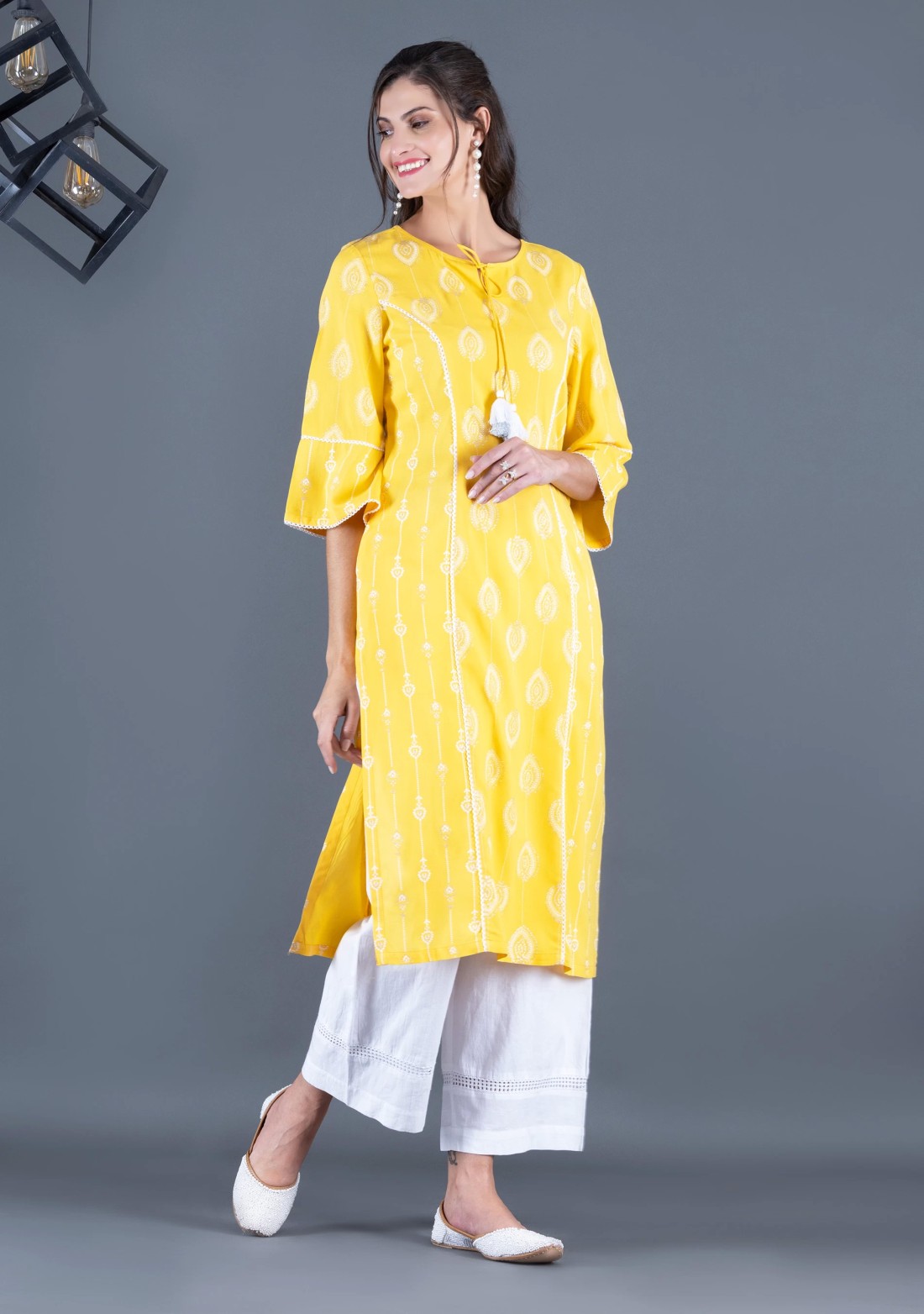 Sunshine Yellow Khari Motif Printed Viscose Rayon Panelled Straight Kurta