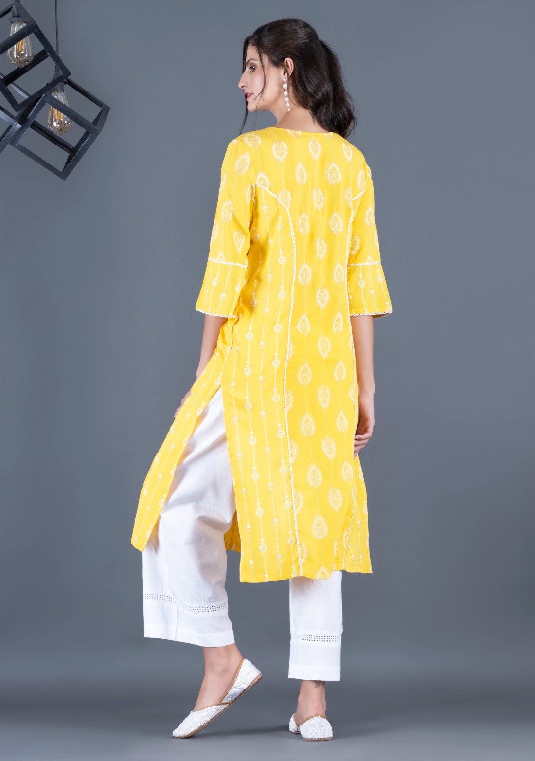 Sunshine Yellow Khari Motif Printed Viscose Rayon Panelled Straight Kurta