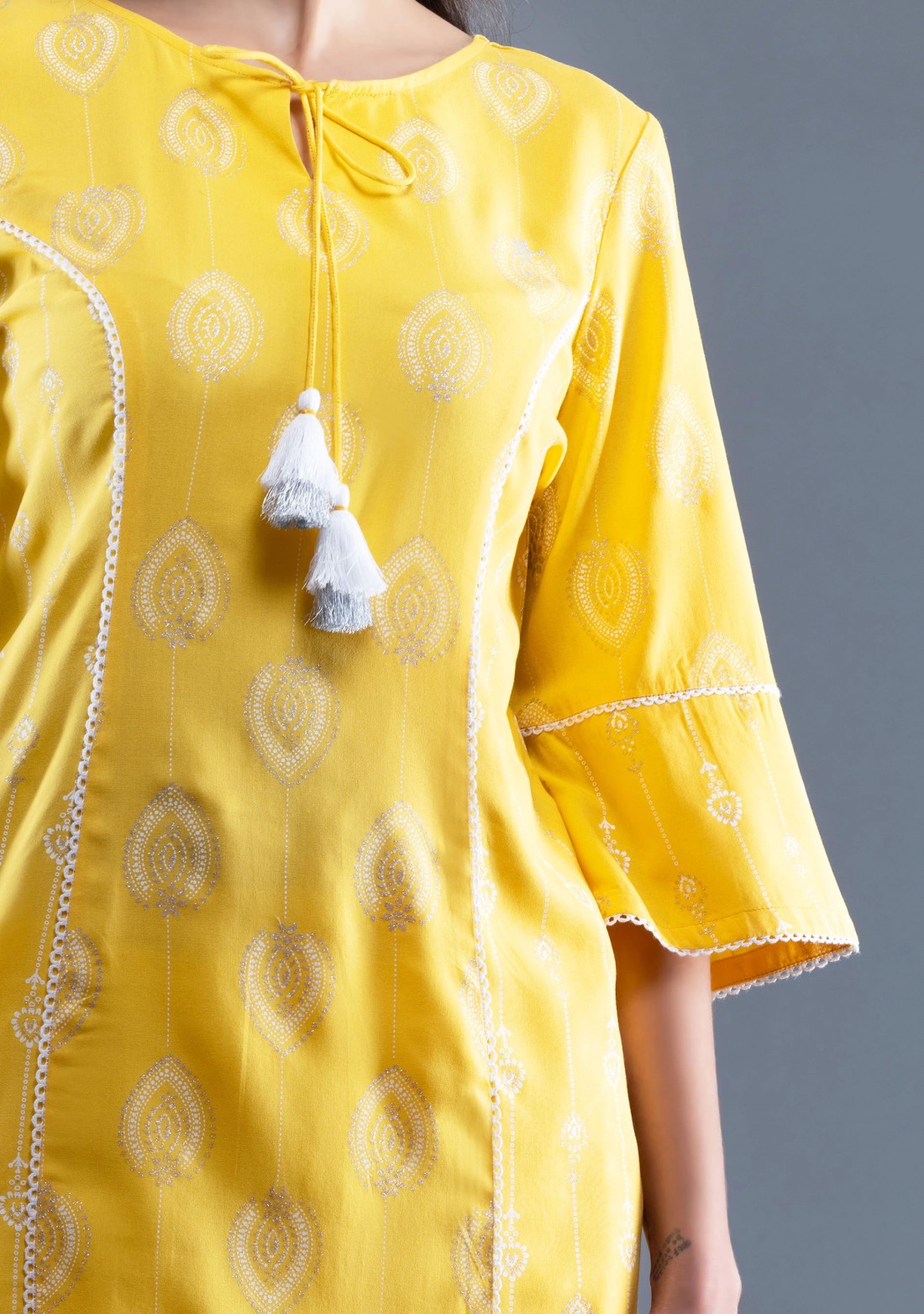 Sunshine Yellow Khari Motif Printed Viscose Rayon Panelled Straight Kurta