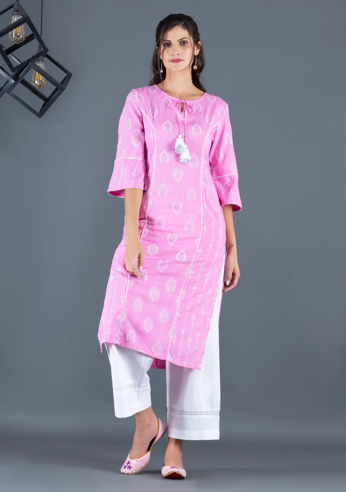 Pastel Pink Khari Motif Printed Viscose Rayon Panelled Straight Kurta