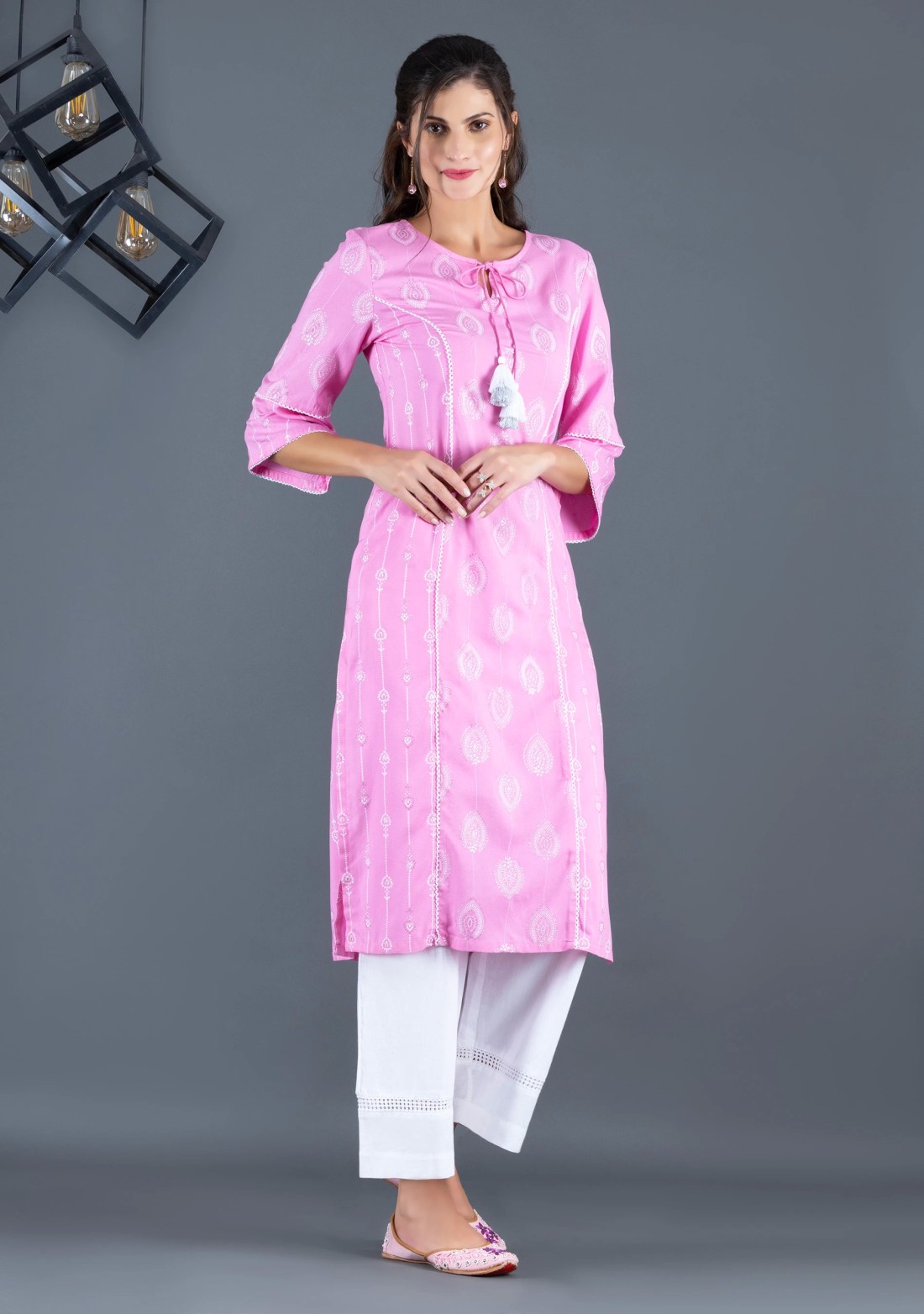 Pastel Pink Khari Motif Printed Viscose Rayon Panelled Straight Kurta