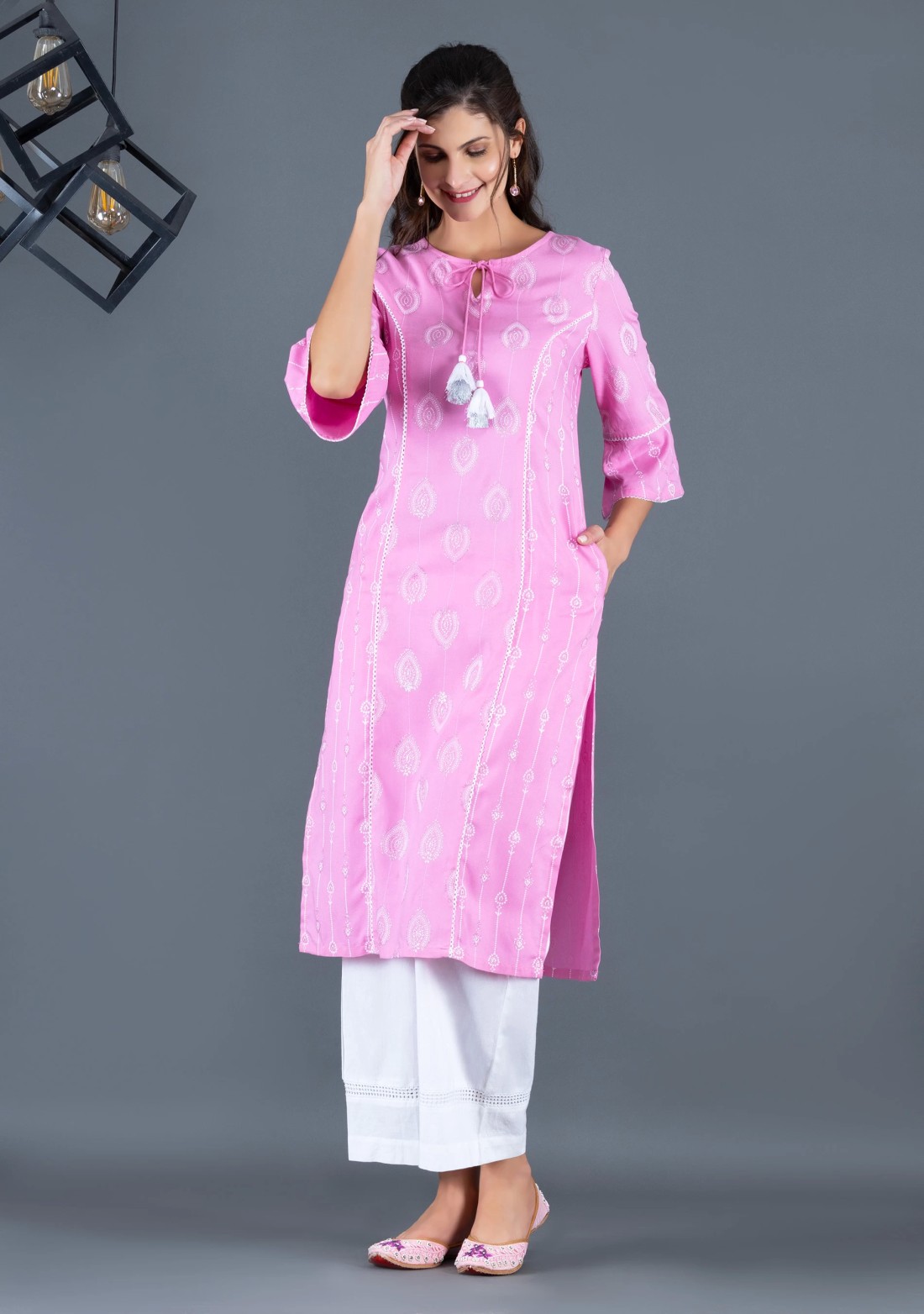 Pastel Pink Khari Motif Printed Viscose Rayon Panelled Straight Kurta