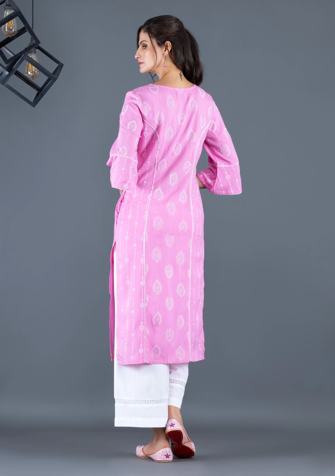 Pastel Pink Khari Motif Printed Viscose Rayon Panelled Straight Kurta