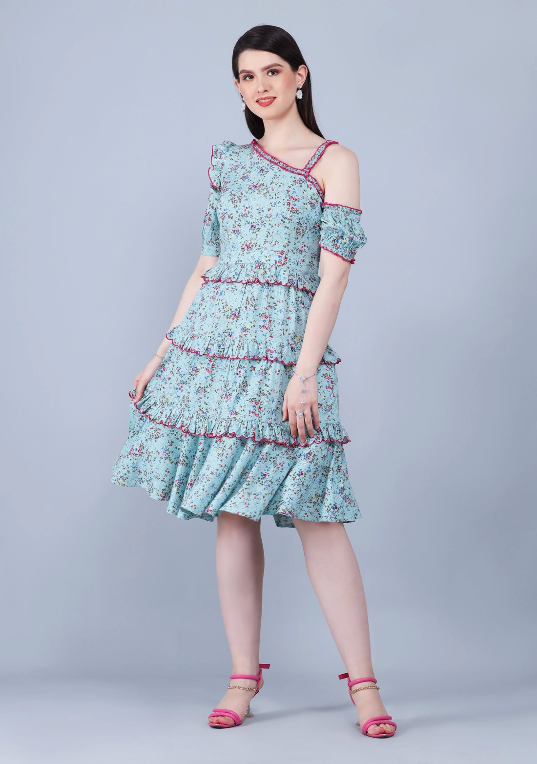 Ditsy Floral Print Rayon One Shoulder Tiered Knee-Length Dress