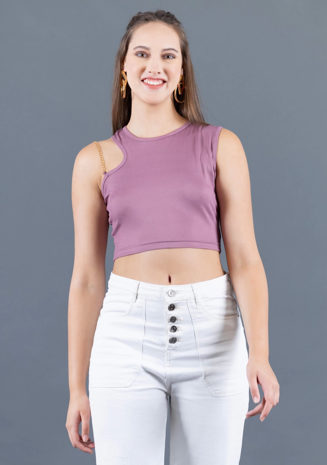 Dusty Pink Rib Knit Gold Chain Strap Crop Top