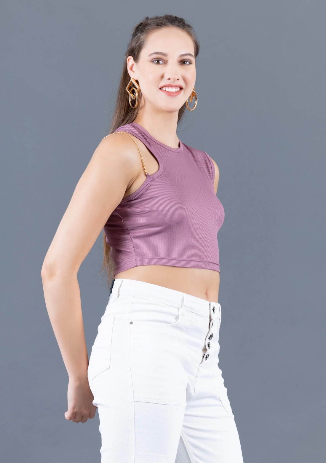 Dusty Pink Rib Knit Gold Chain Strap Crop Top