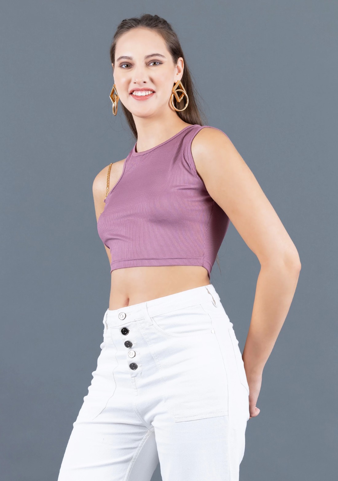 Dusty Pink Rib Knit Gold Chain Strap Crop Top