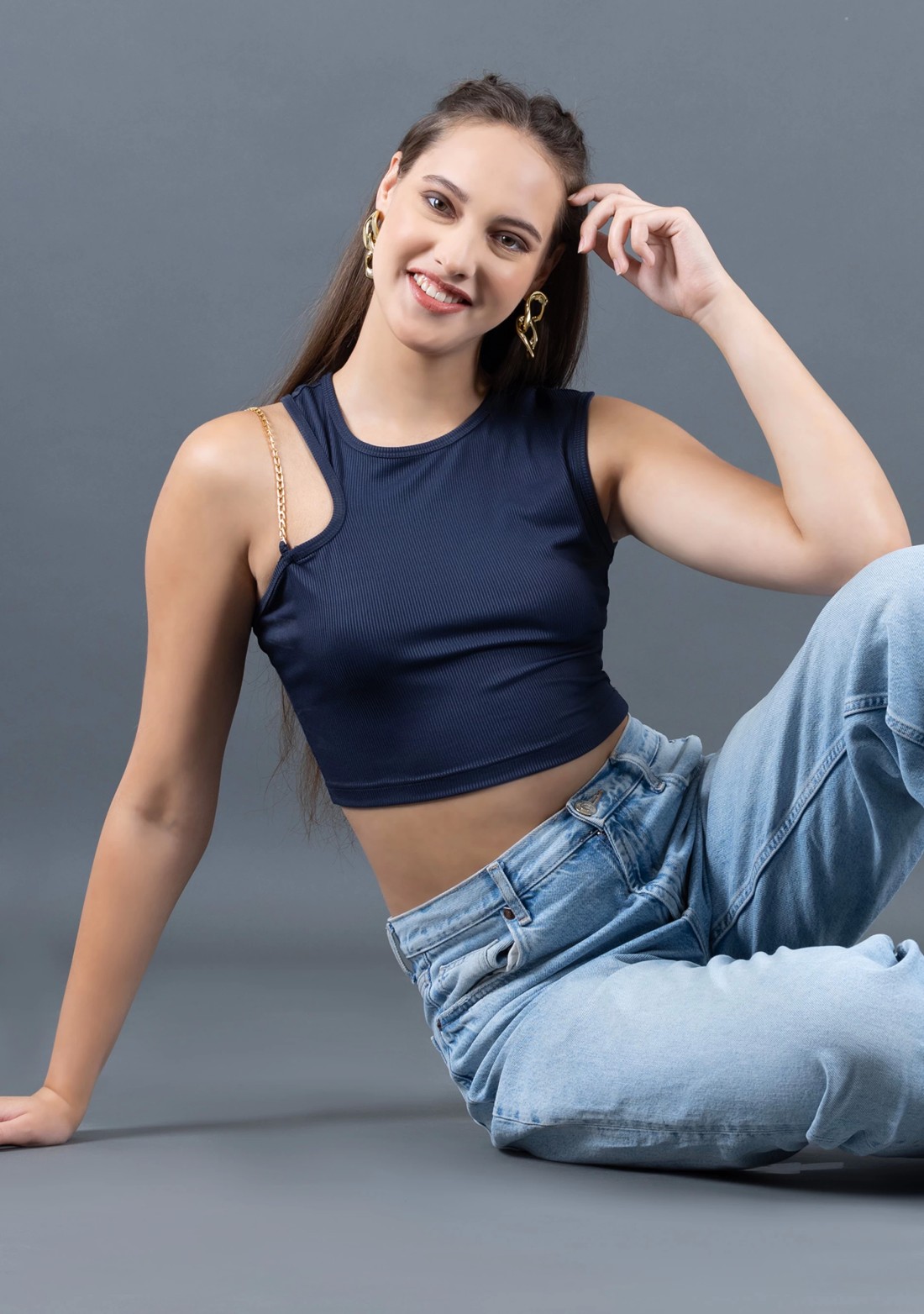 Navy Blue Rib Knit Gold Chain Strap Crop Top