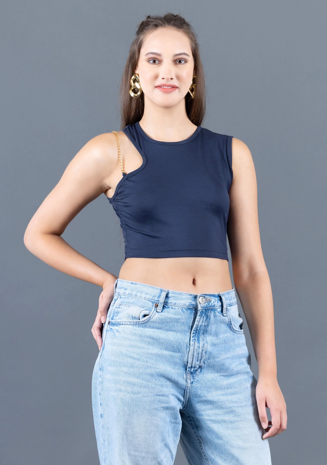 Navy Blue Rib Knit Gold Chain Strap Crop Top