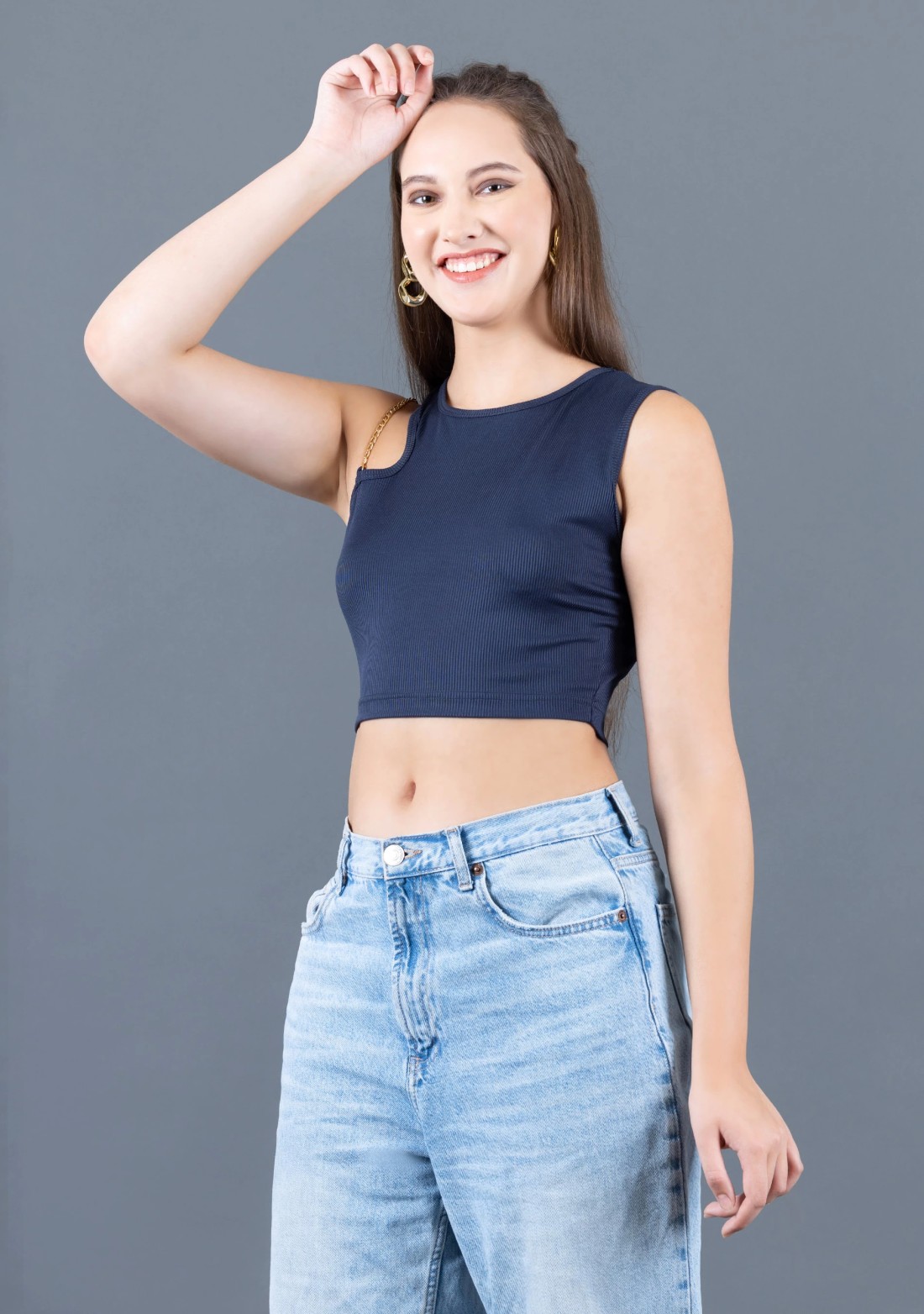 Navy Blue Rib Knit Gold Chain Strap Crop Top