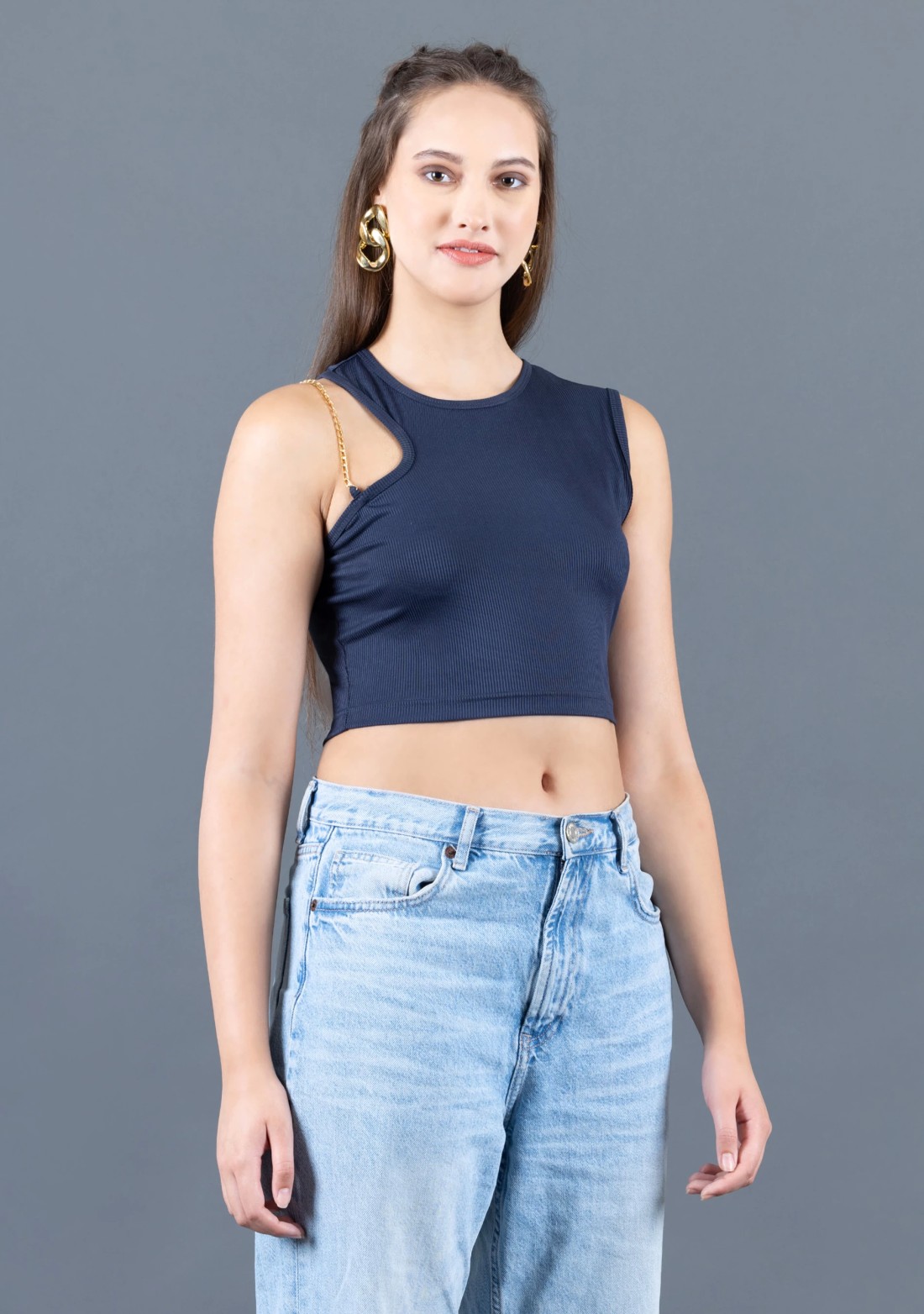 Navy Blue Rib Knit Gold Chain Strap Crop Top