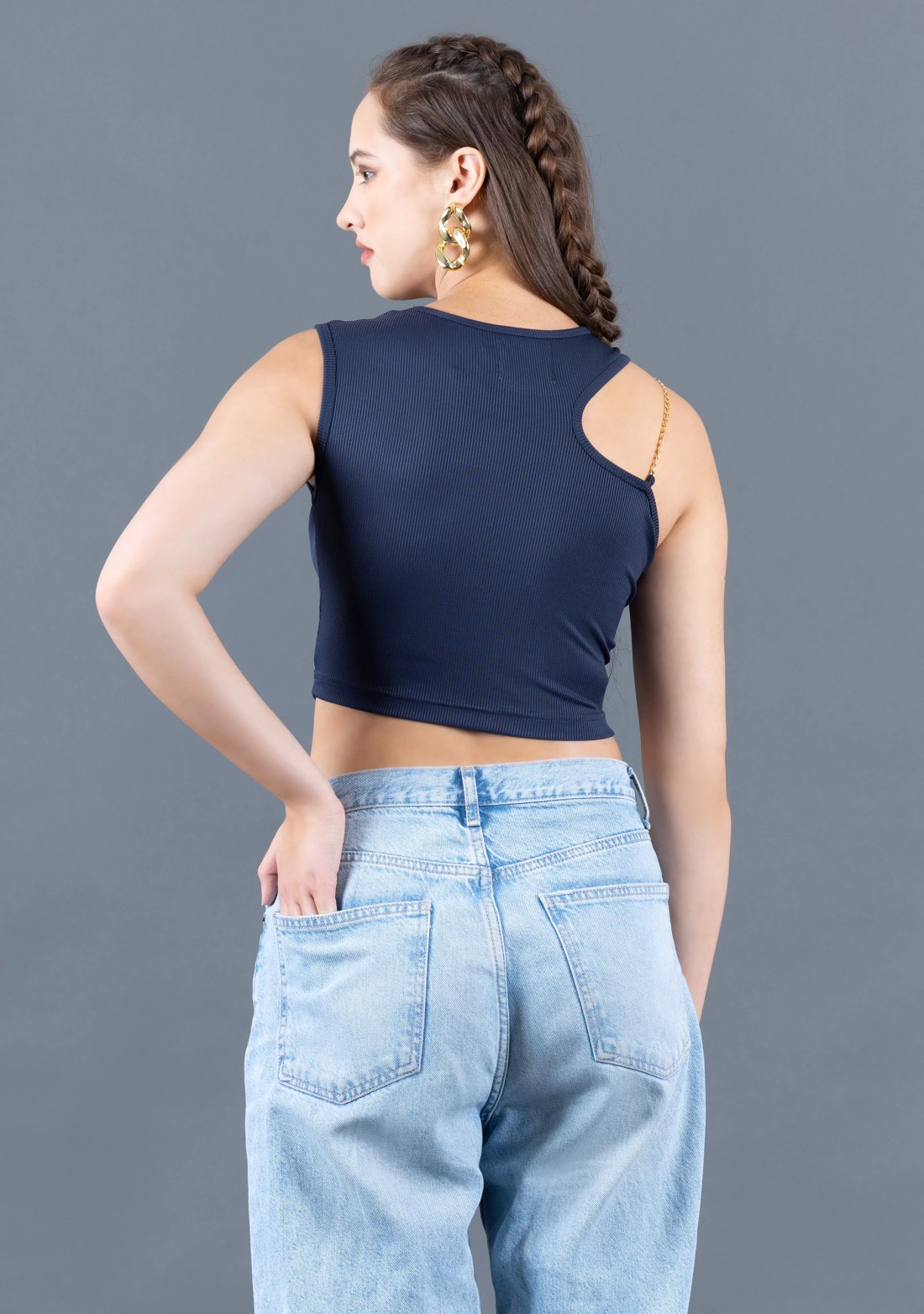 Navy Blue Rib Knit Gold Chain Strap Crop Top