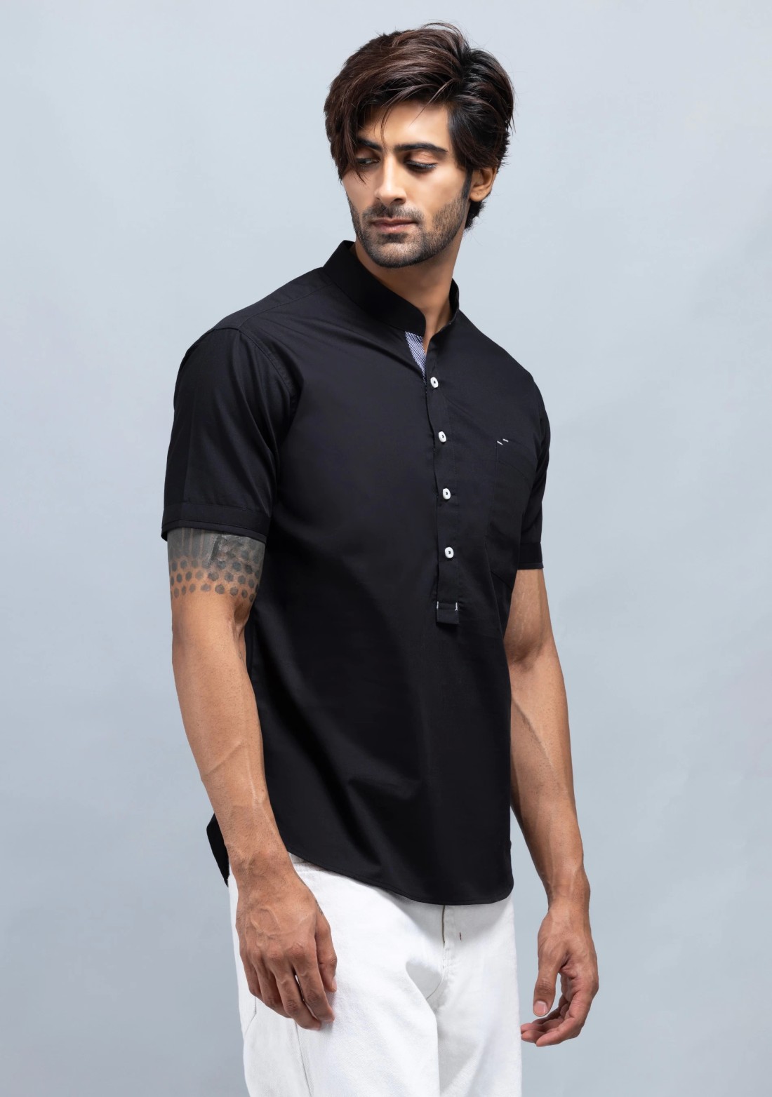 Black Kurta Style Slim Fit Rhysley Men's Shirt