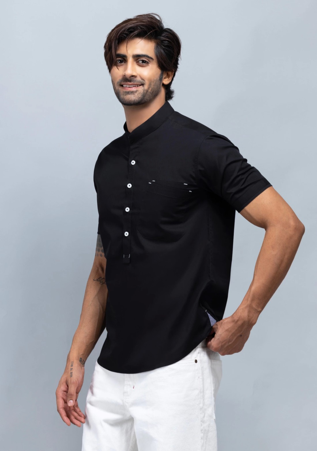 Black Kurta Style Slim Fit Rhysley Men's Shirt