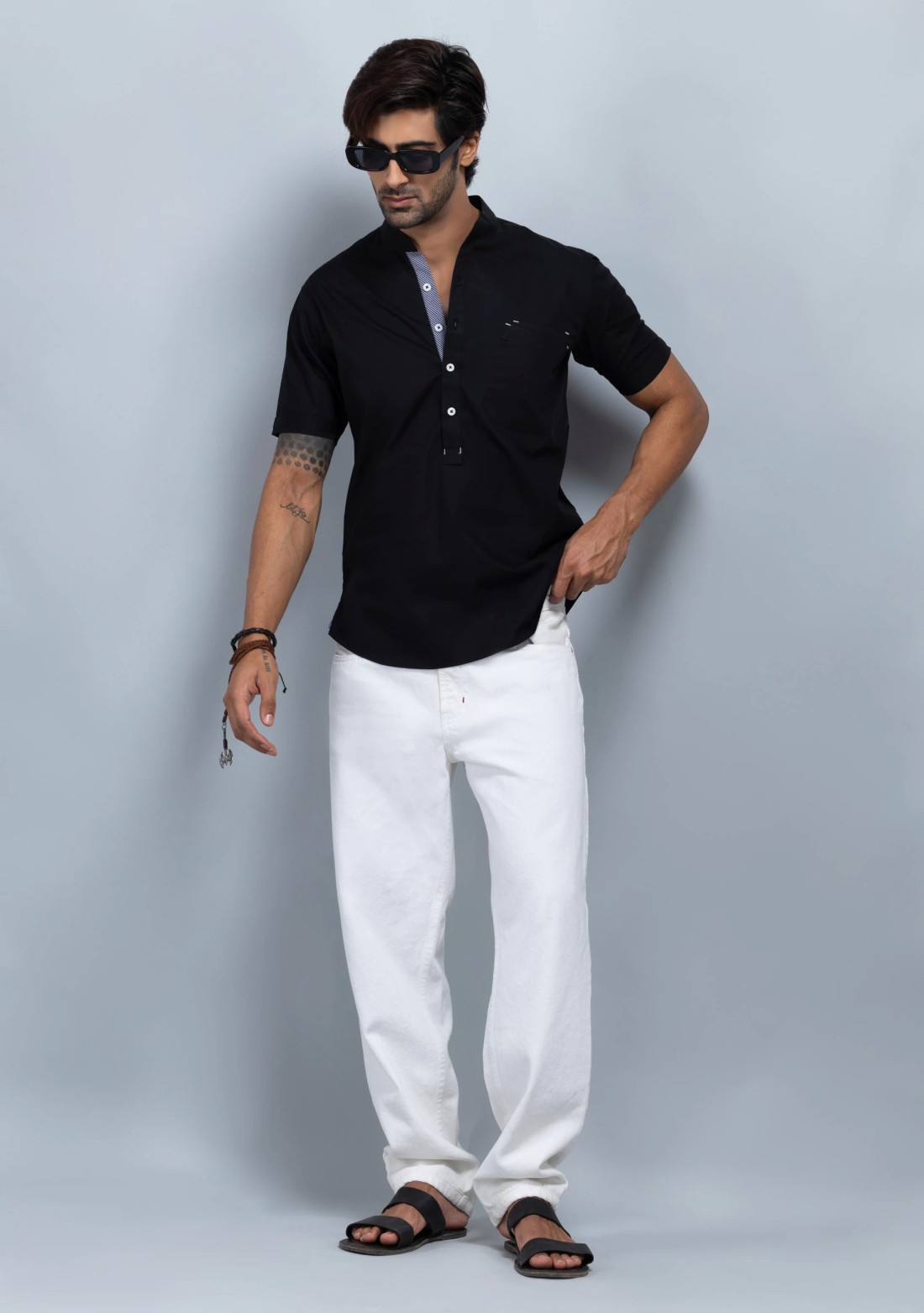 Black Kurta Style Slim Fit Rhysley Men's Shirt