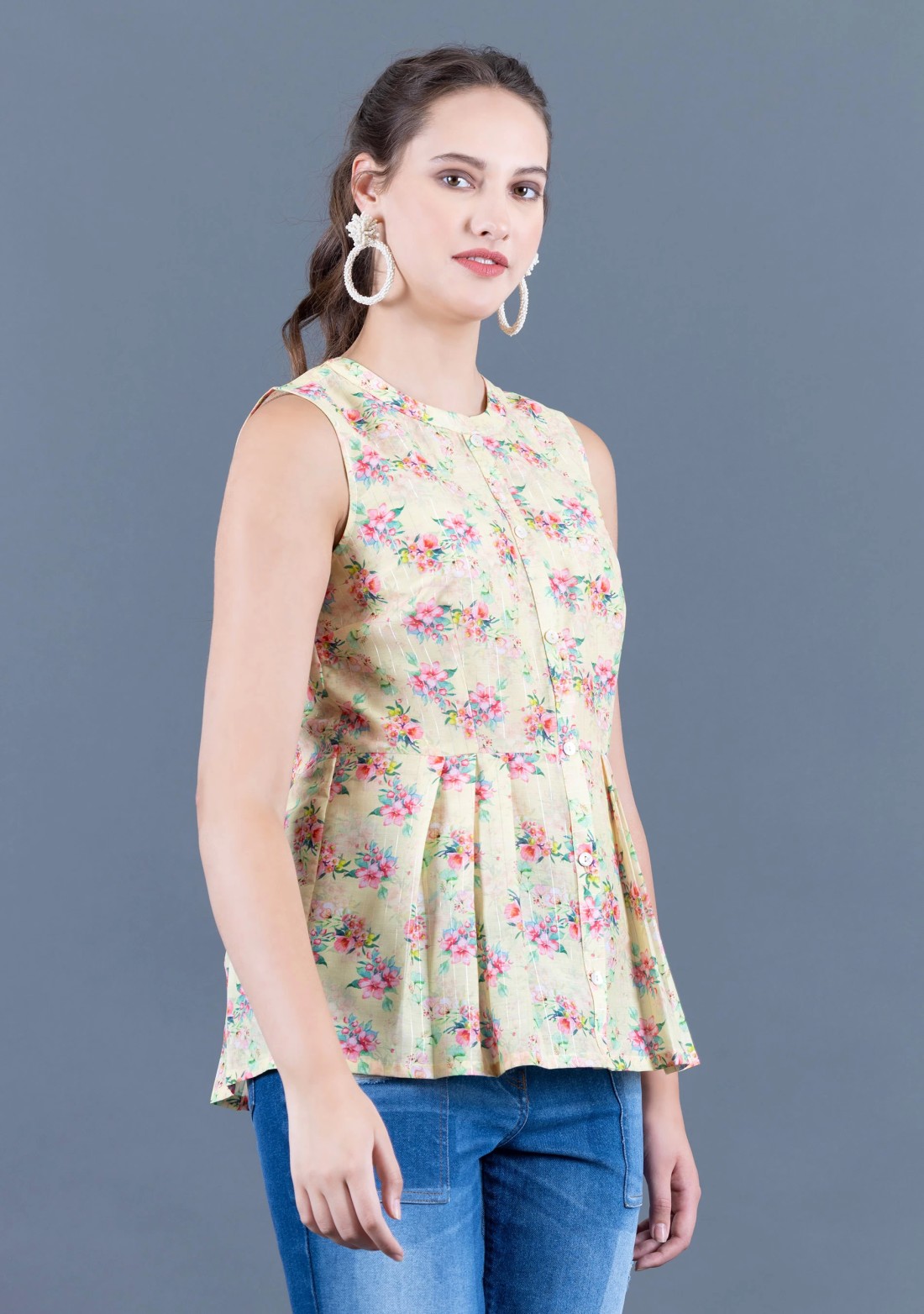 Neon Yellow Water Colour Floral Printed Muslin Peplum Top