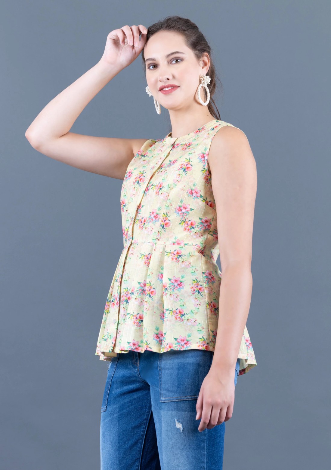 Neon Yellow Water Colour Floral Printed Muslin Peplum Top