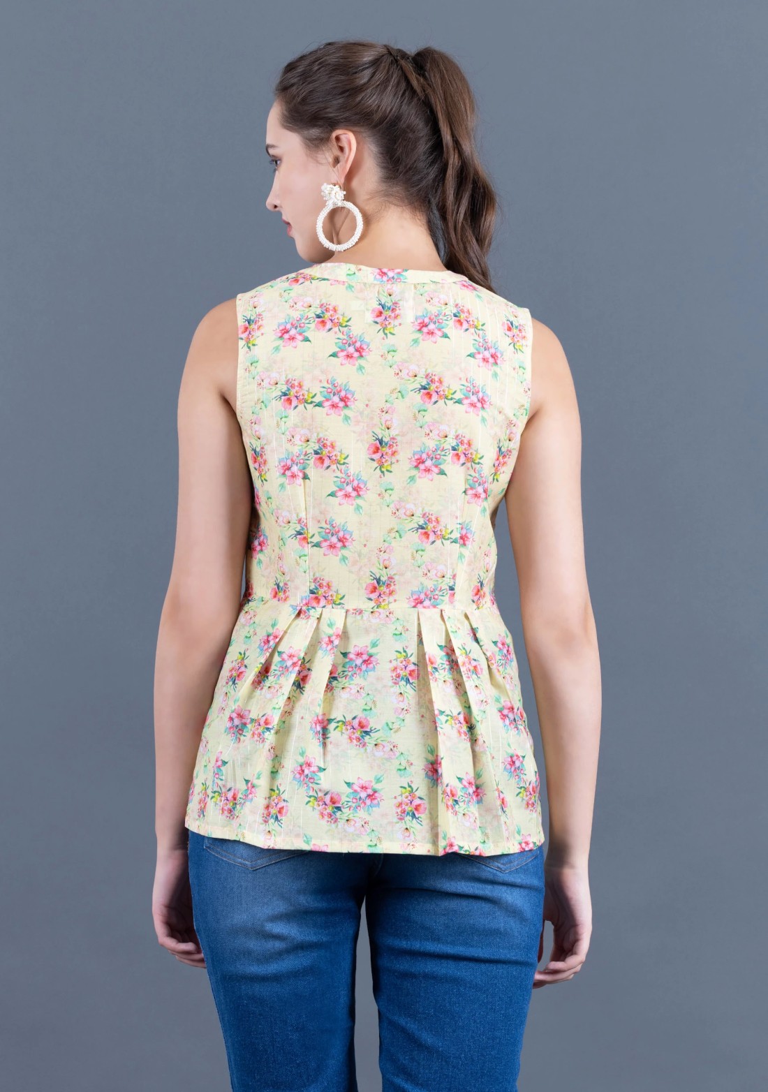 Neon Yellow Water Colour Floral Printed Muslin Peplum Top