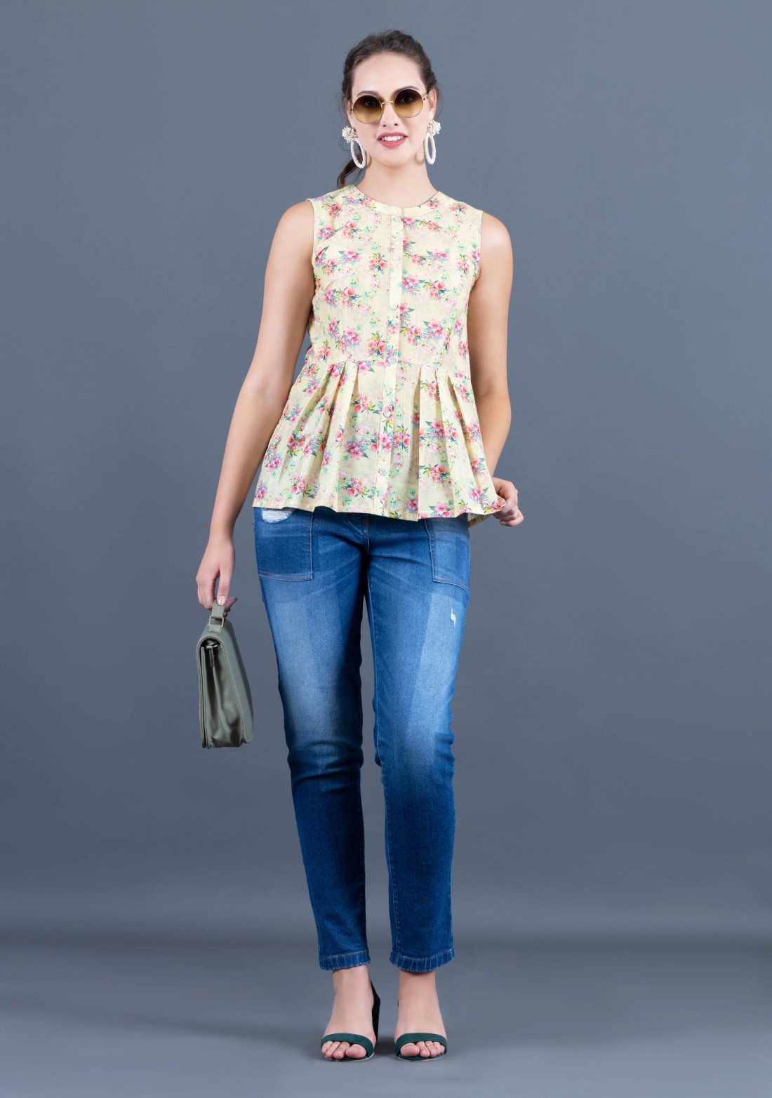 Neon Yellow Water Colour Floral Printed Muslin Peplum Top