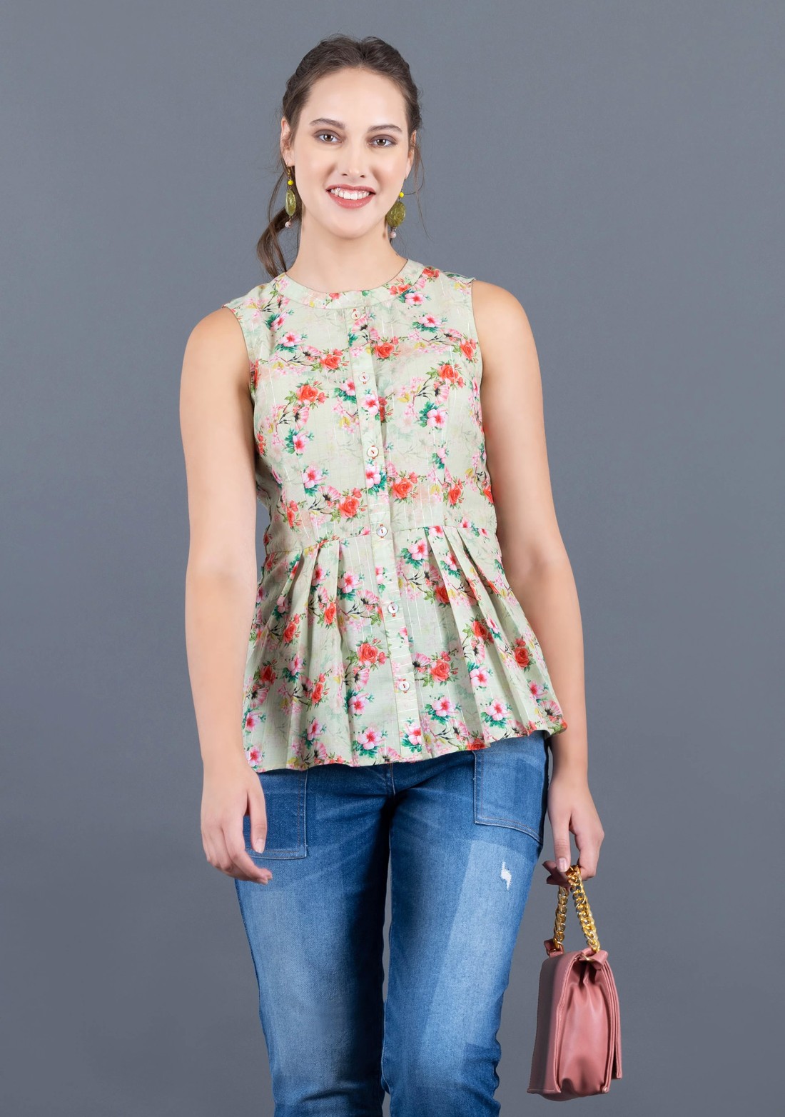 Pistachio Green Water Colour Floral Printed Muslin Peplum Top