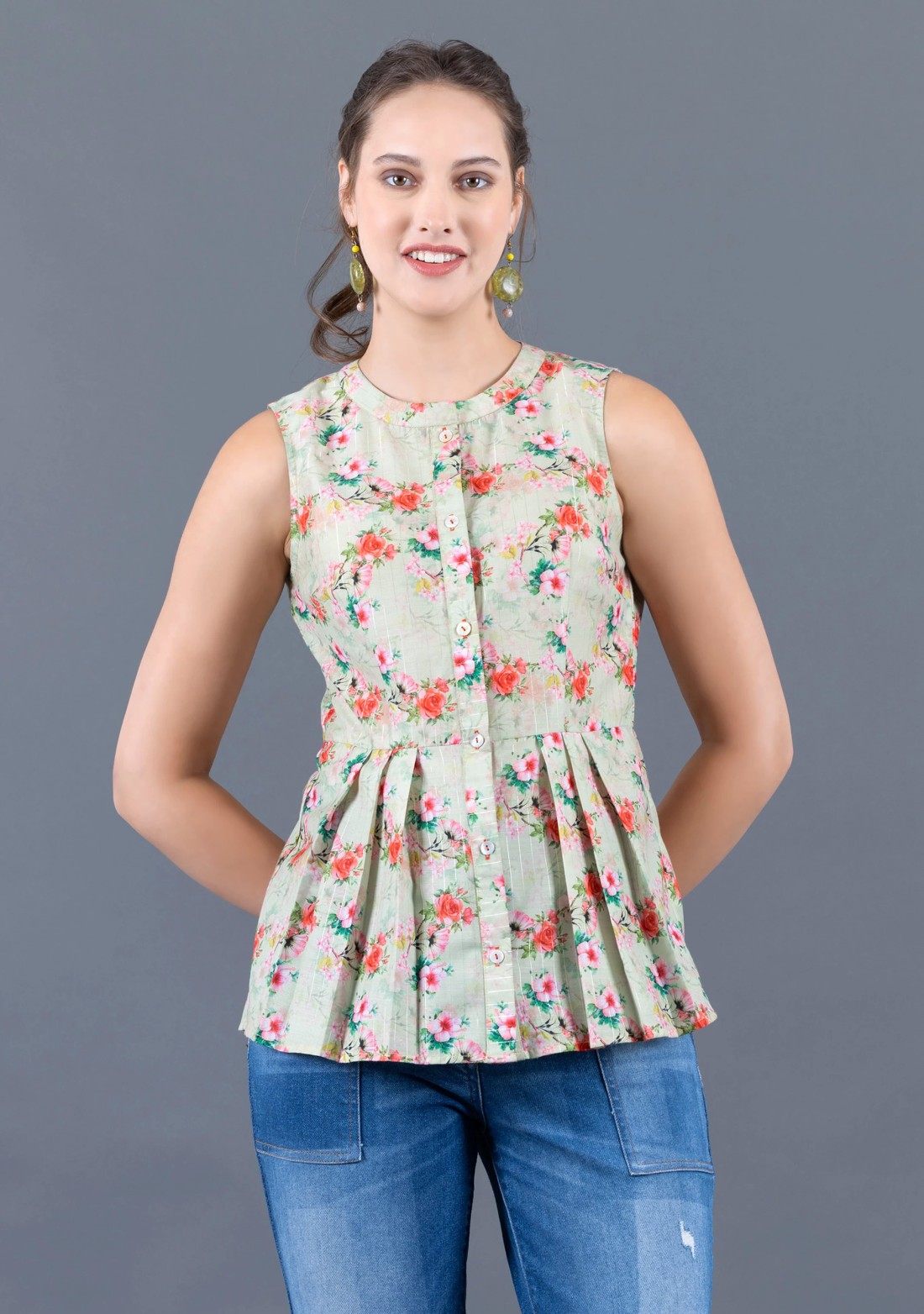 Pistachio Green Water Colour Floral Printed Muslin Peplum Top