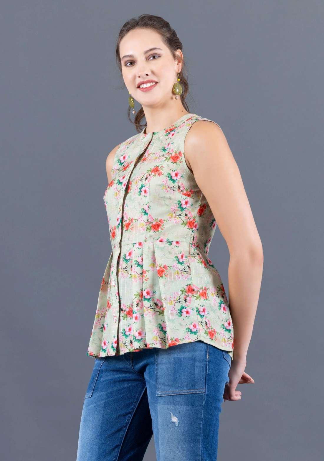 Pistachio Green Water Colour Floral Printed Muslin Peplum Top