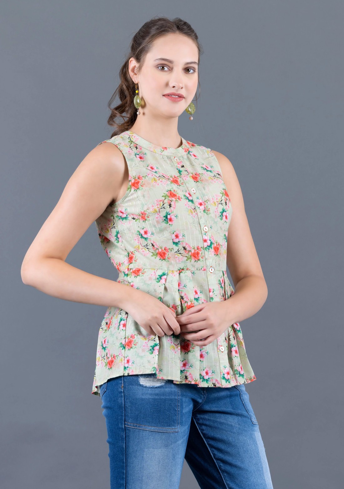 Pistachio Green Water Colour Floral Printed Muslin Peplum Top