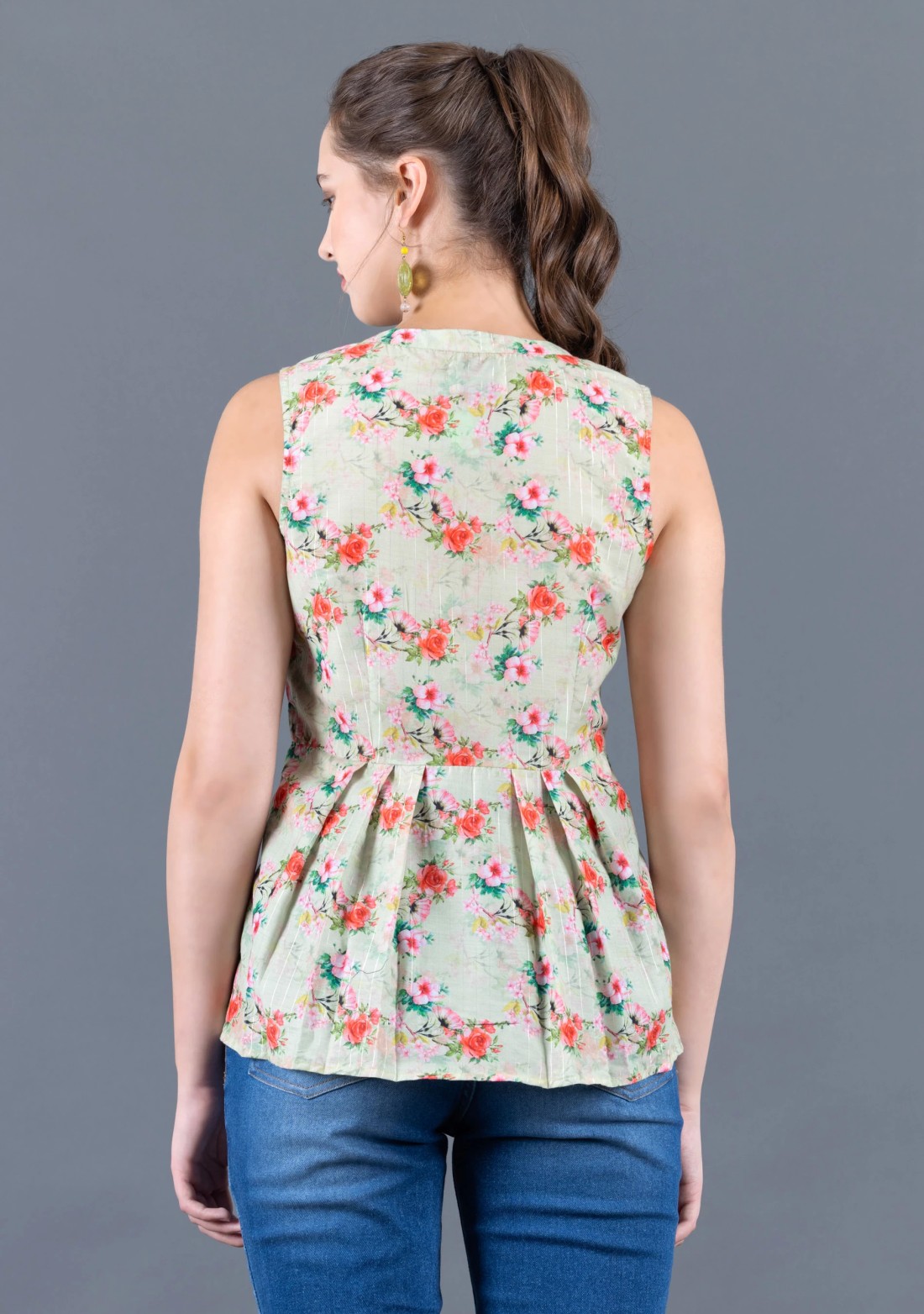 Pistachio Green Water Colour Floral Printed Muslin Peplum Top