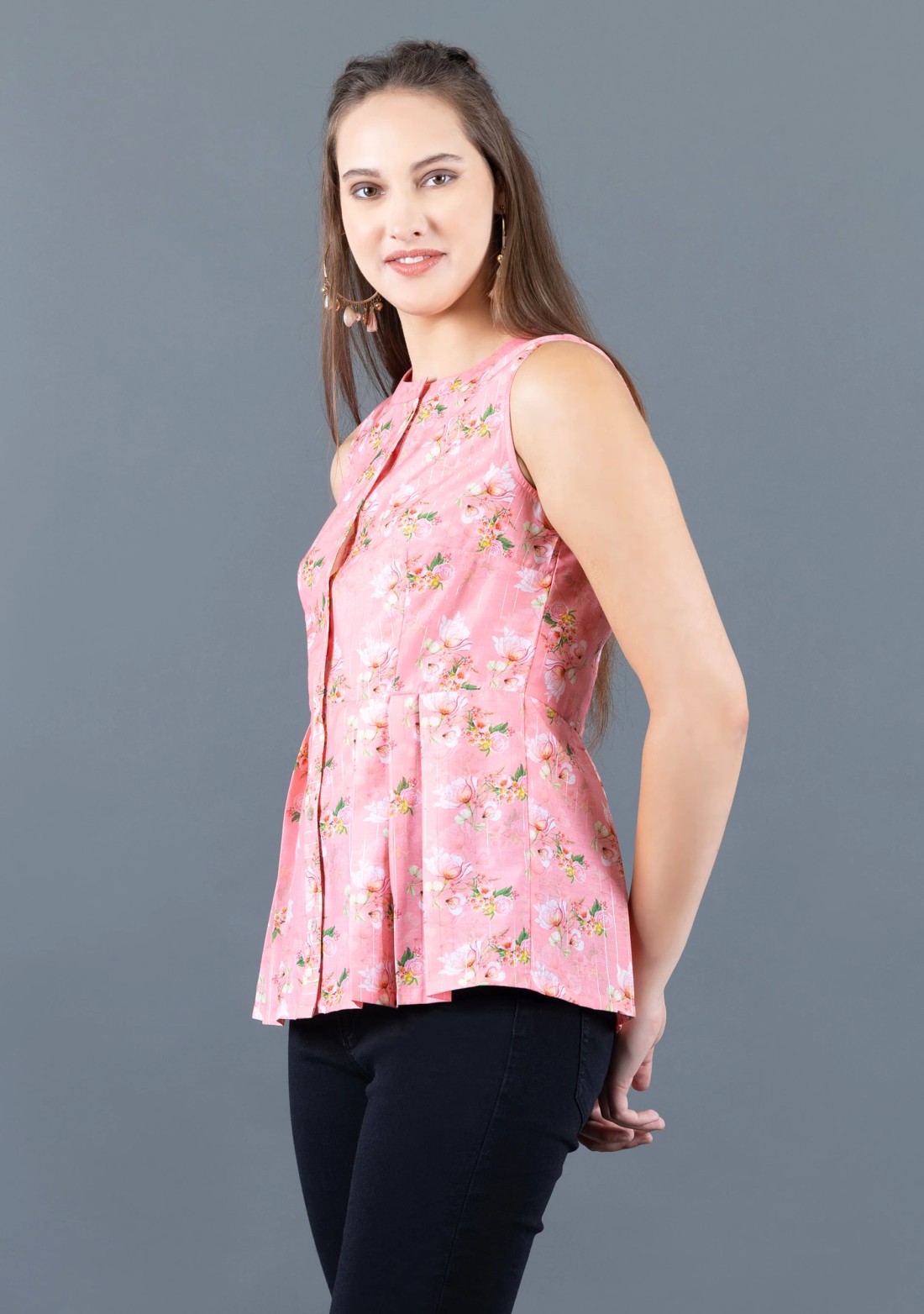 Coral Water Colour Floral Printed Muslin Top