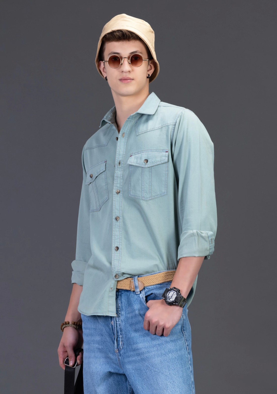 Tea Green Slim Fit Rhysley Men's Denim Shirt