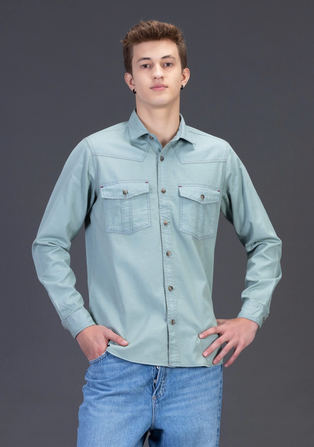 Tea Green Slim Fit Rhysley Men's Denim Shirt