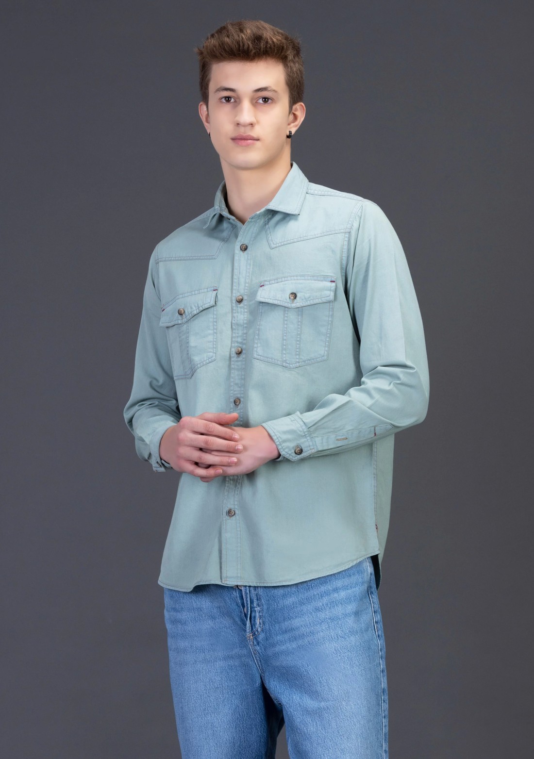 Tea Green Slim Fit Rhysley Men's Denim Shirt