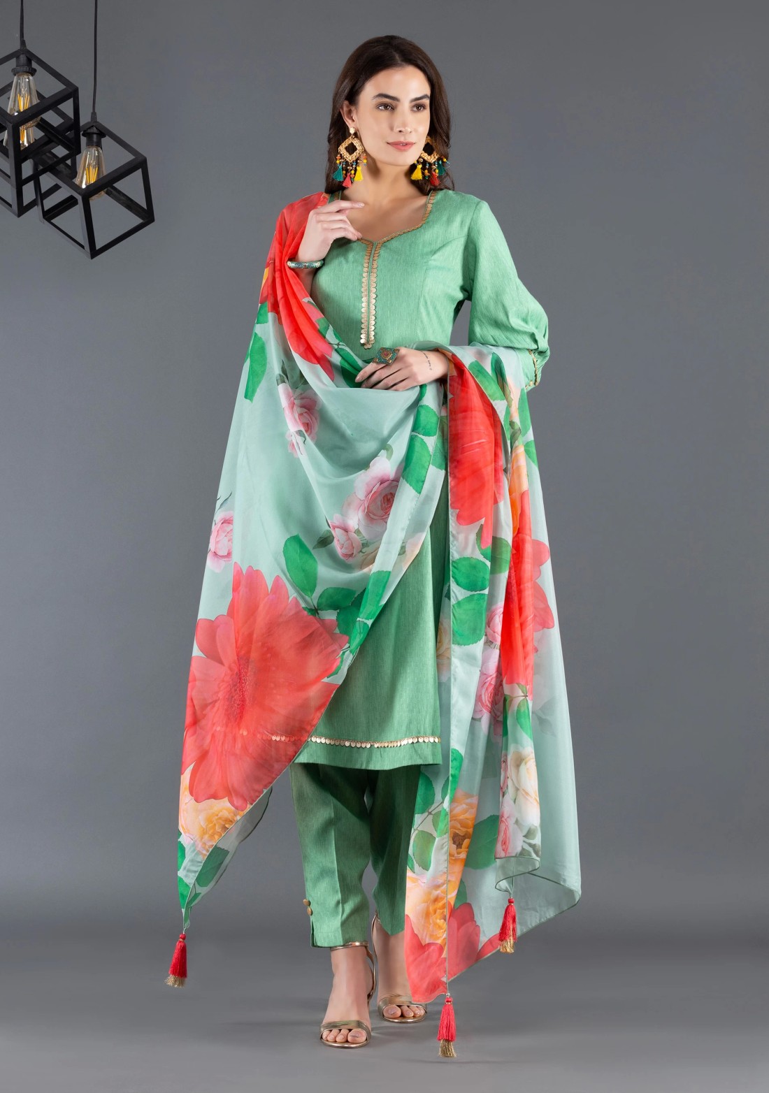 Green Viscose Rayon Panelled Kurta Pants Dupatta Set