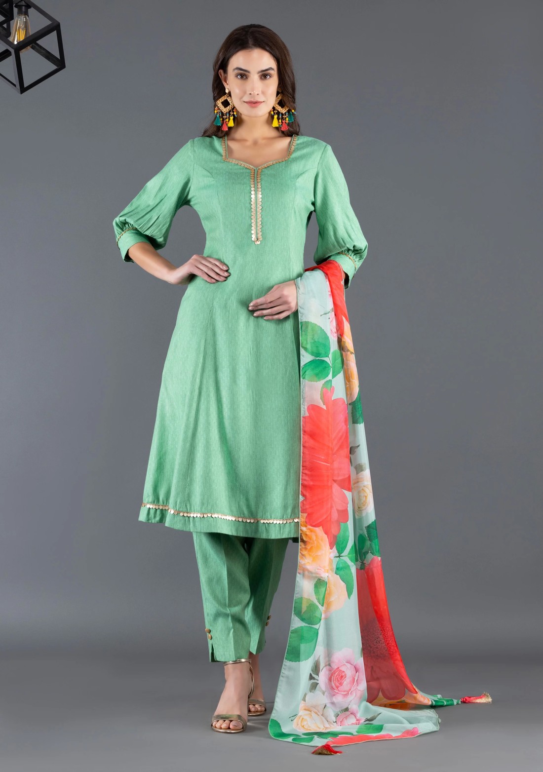 Green Viscose Rayon Panelled Kurta Pants Dupatta Set