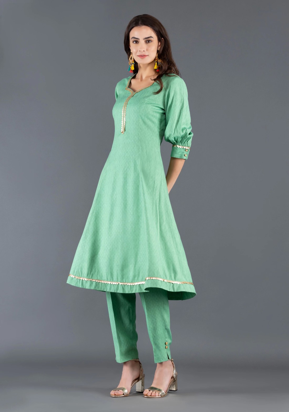 Green Viscose Rayon Panelled Kurta Pants Dupatta Set