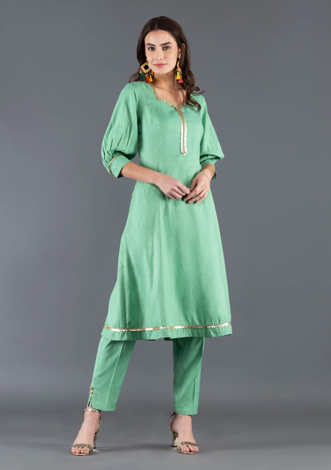 Green Viscose Rayon Panelled Kurta Pants Dupatta Set