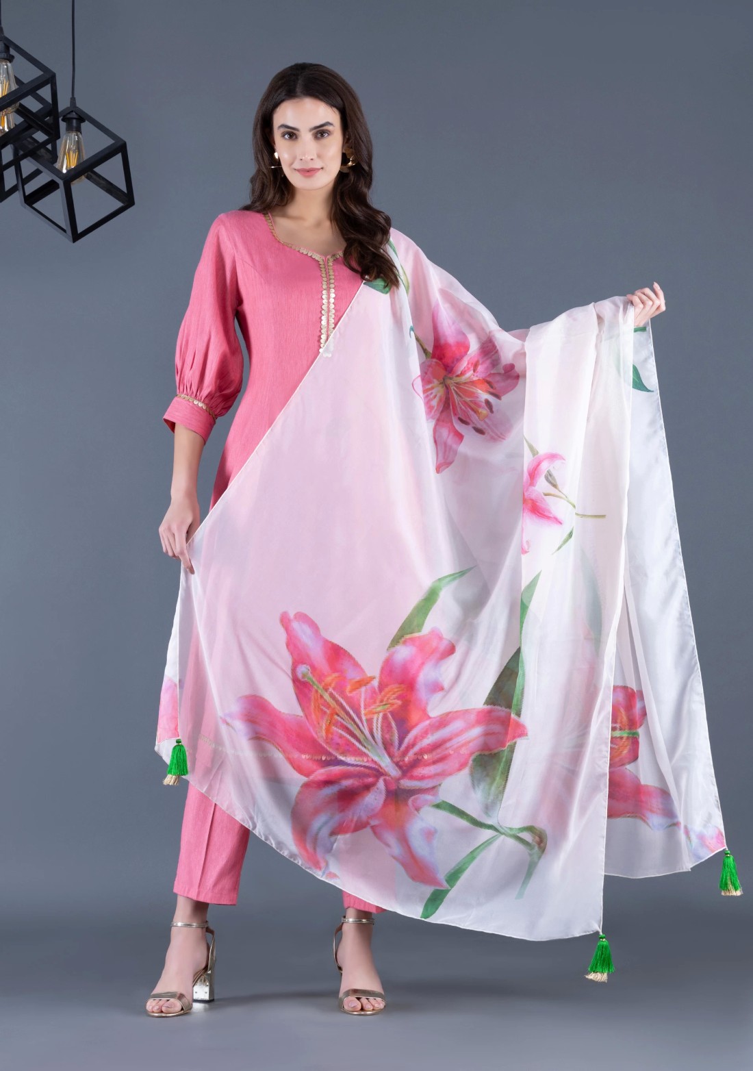 Rose Pink Viscose Rayon Panelled Kurta Pants Dupatta Set