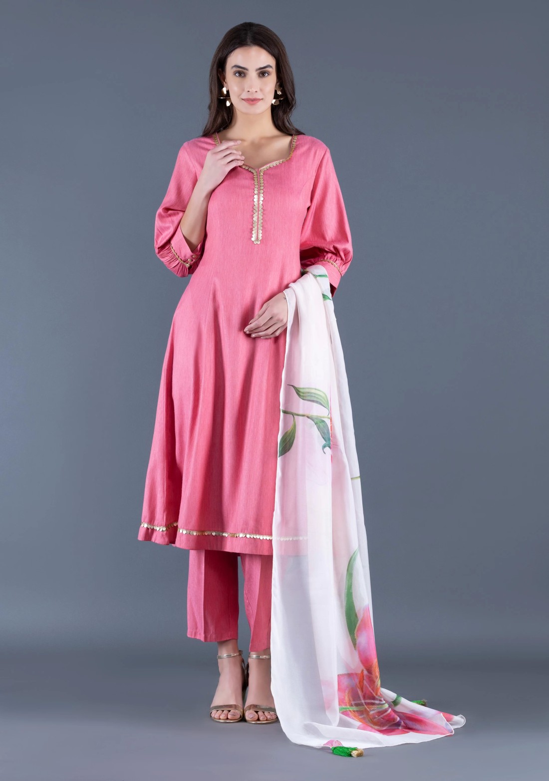 Rose Pink Viscose Rayon Panelled Kurta Pants Dupatta Set