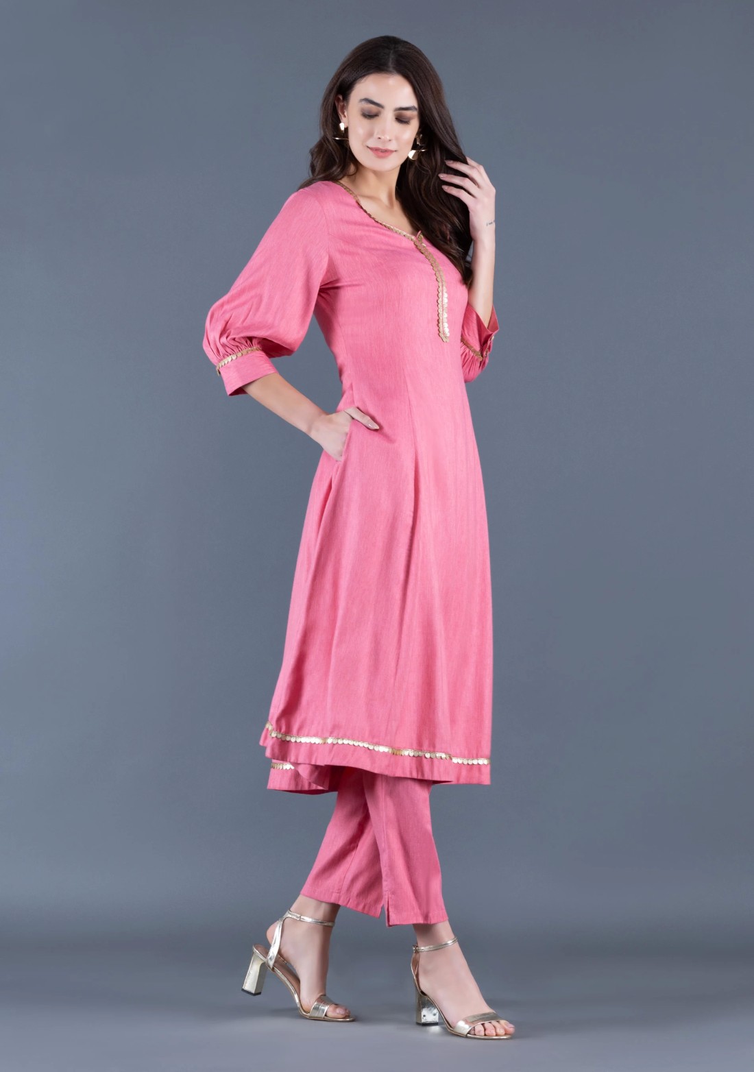 Rose Pink Viscose Rayon Panelled Kurta Pants Dupatta Set